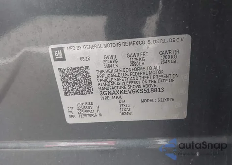 2019 Chevrolet Equinox Lt из США, поврежденный, VIN 3GNAXKEV6KS518813